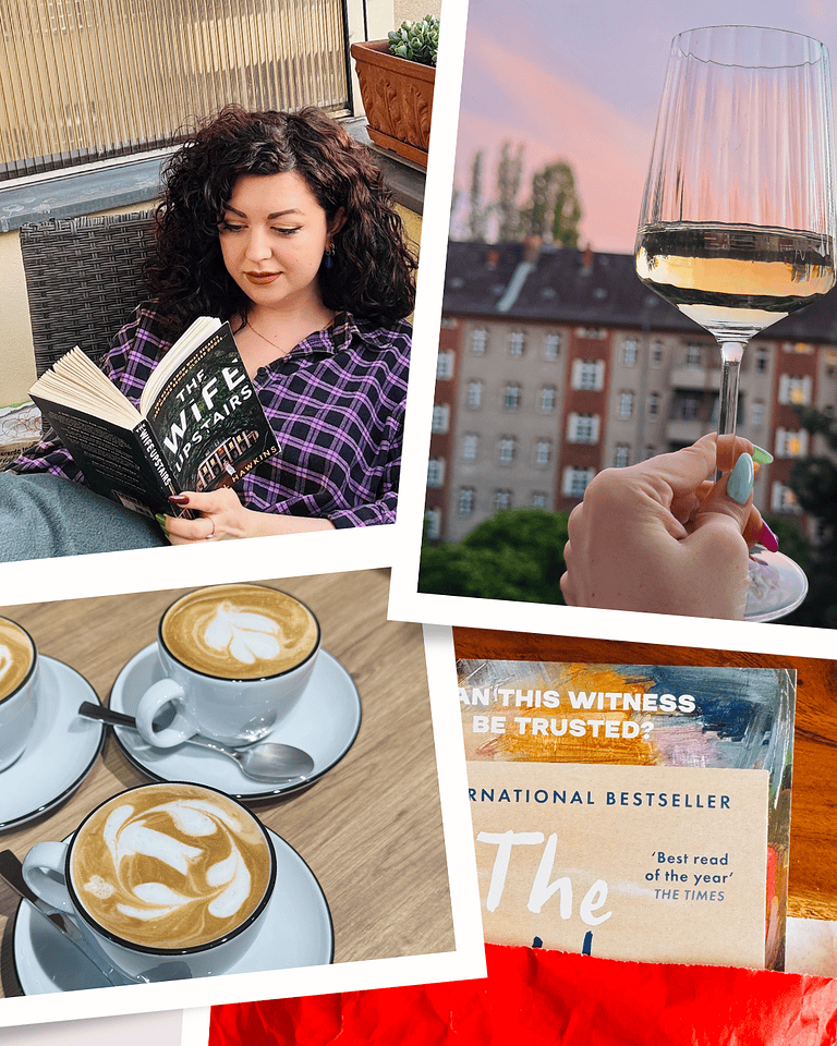 Photo collage of reading on a balcony, a glass of white wine at sunset, and latte art coffees