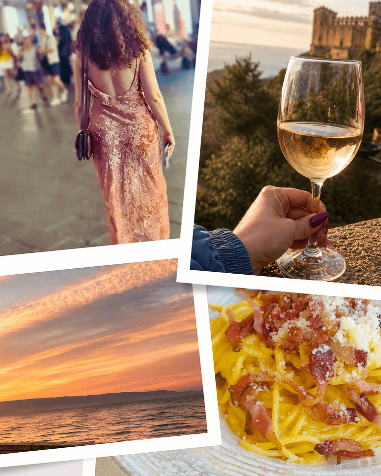 Photo collage of an evening dress at a market, wine with a castle view, a coastal sunset, and a plate of carbonara