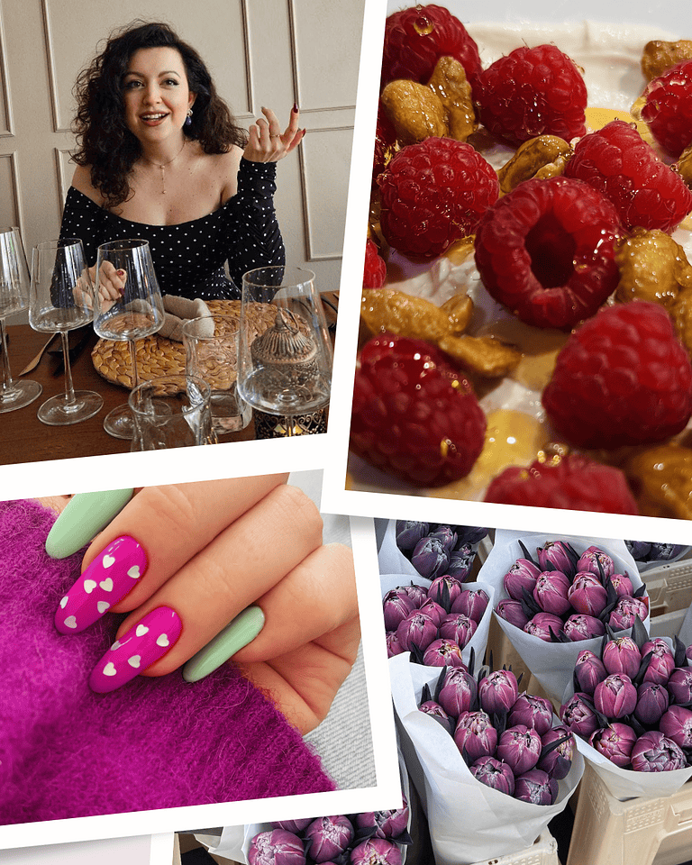Photo collage of a candlelit dinner, a raspberry dessert, painted nails, and bundles of tulips at a flower market