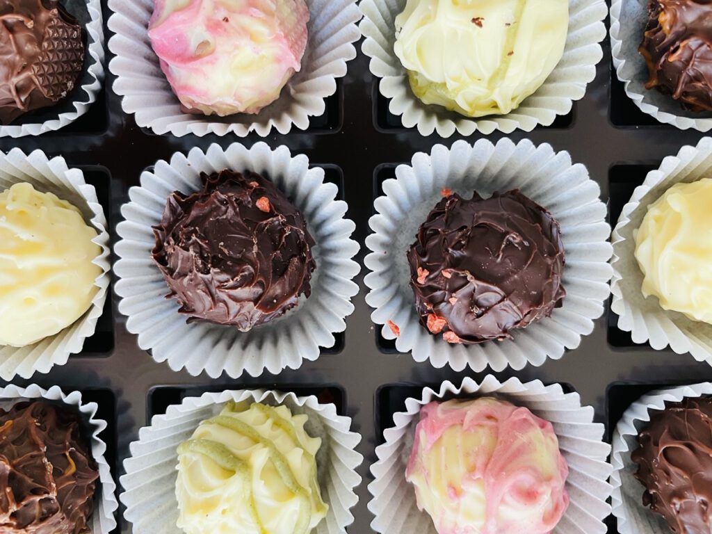 Box of assorted chocolate truffles and pralines