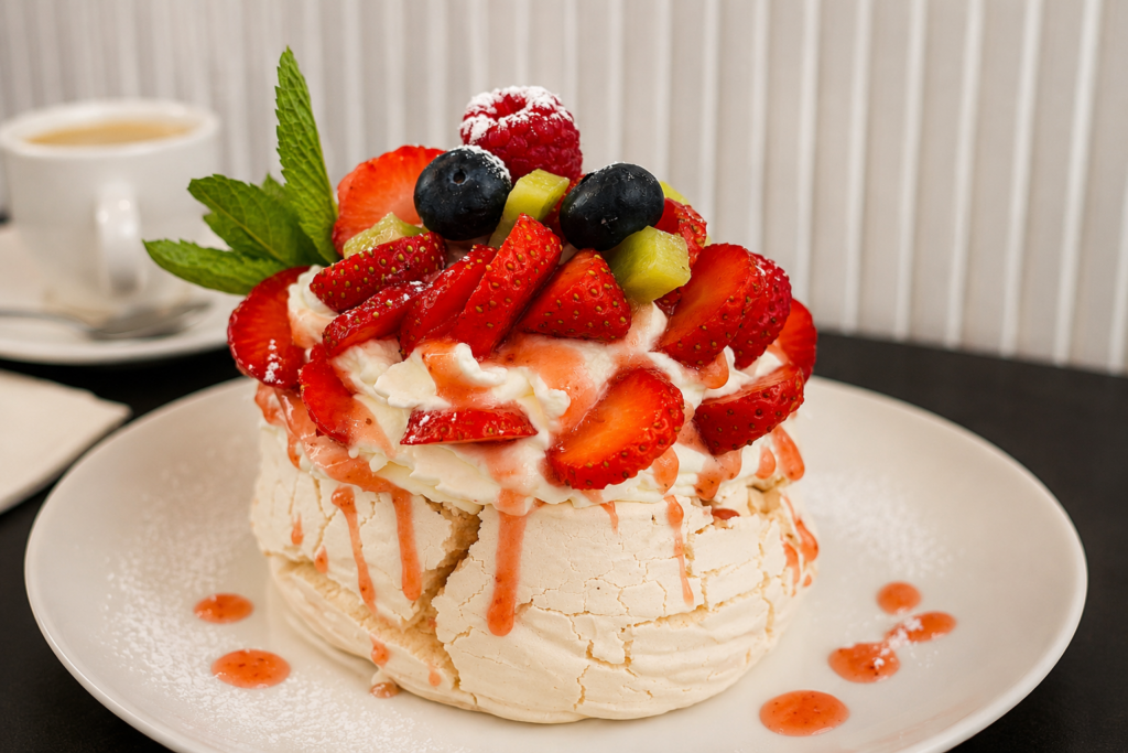 Pavlova topped with whipped cream, strawberries, blueberries, raspberries, and mint